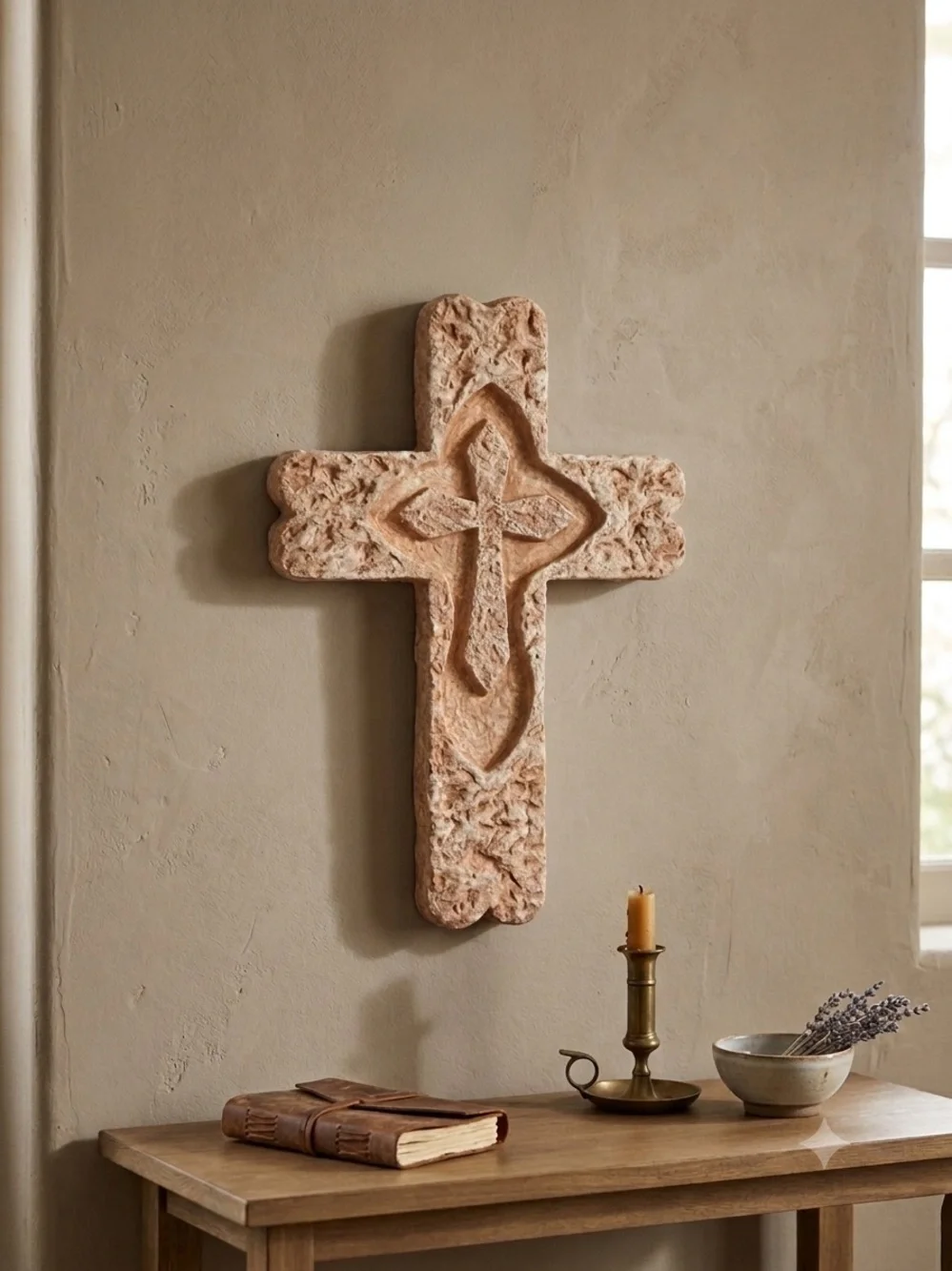 Carved Stone style Wall Cross - Warm Terracotta Finish